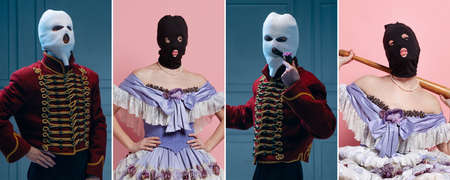 Set of images of man and woman as medieval persons wearing balaclava isolated on blue and pink background. Concept of comparison of eras, art, history. Creative art collageの写真素材