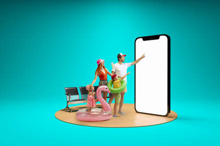 Happy family booking summer vacation trip using 3d model of phone with empty white screen isolated...