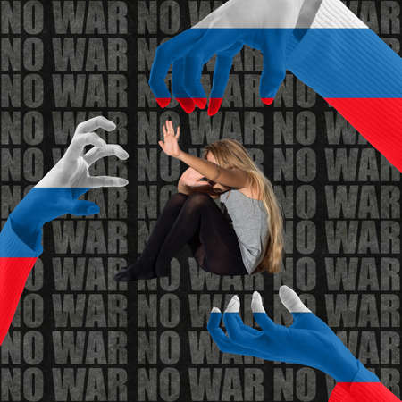 Conceptual collage with little scared child in fear and huge hands painted in white-blue-red colors...
