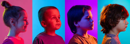 Horizontal flyer with set of images of cute kids, boys and girls isolated on multicolored background in neon light. Emotions, facial expression and childhood concept.の写真素材