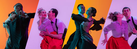 Set with images of stylish men and women dancing in bright clothes on colorful background at dance...