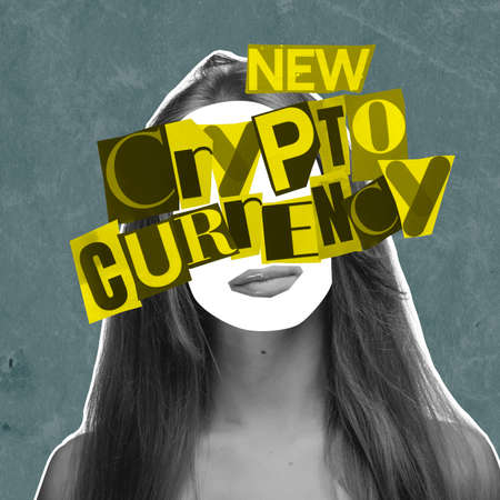 Contemporary art collage. Conceptual image with faceless female silhouette with bright lettering of cryptocurrency. Digitalizationの写真素材