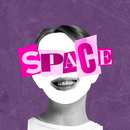 Contemporary art collage. Creative design. Faceless female silhouette with big pink lettering of space wordの写真素材