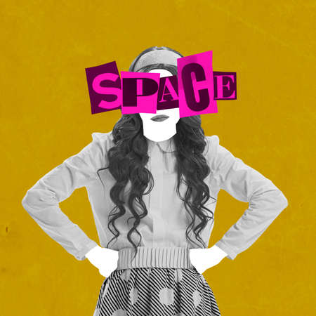 Contemporary art collage. Creative design. Young faceless woman with big bright lettering....