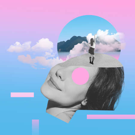 Contemporary art collage. Colorful design with female face elements and dream of young girl about travelling.の写真素材