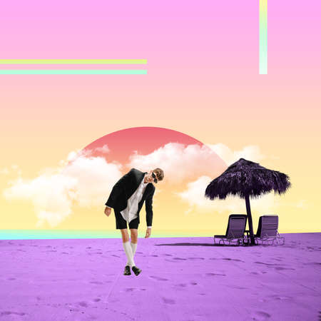 Contemporary art collage. Colorful design with stylish young man enjoying time at the beach. Pleasant lonelinessの写真素材