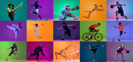 Sport collage of professional athletes on gradient multicolored neoned background. Concept of motion, action, active lifestyle, achievements, challengesの写真素材
