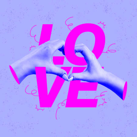 Creative colorful design. Female hands making symbol of love - heart gesture isolated on purple backgroundの写真素材
