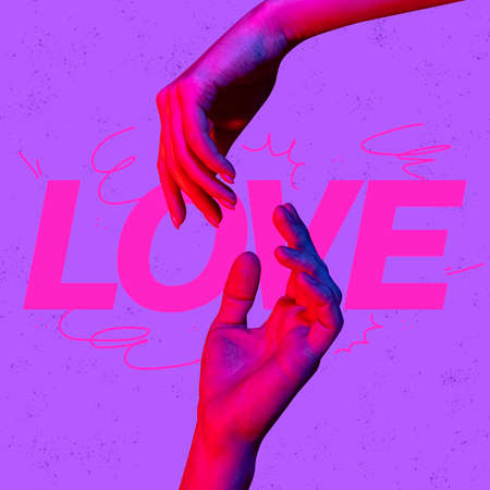 Creative colorful design. Male and female hands reaching each other over big love lettering isolated on purple background in neonの写真素材