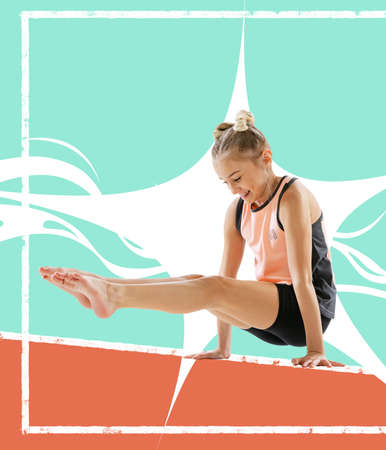 Contemporary art collage with flexible beautiful little girl, gymnastics artist doing stretching exercises isolated on colorful abstract background. Grace in motion, action.の写真素材
