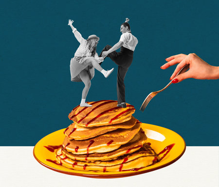 Contemporary art collage. Creative design. Cheerful young couple dancing on delicious pancakes. Sweet lifestyleの写真素材