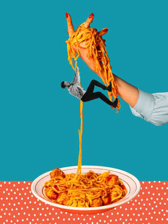 Contemporary art collage. Creative design. Funny image of man climbing up the delicious cheese pastaの写真素材