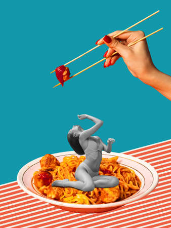 Contemporary art collage. Creative design. Tender woman sitting in plate with delicious pasta and eating meatball with chopsticksの写真素材