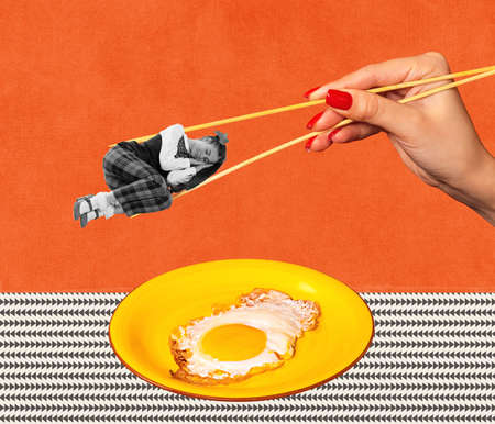 Contemporary art collage. Creative design with female hands holding sleeping teen girl with chopsticks over fried eggsの写真素材