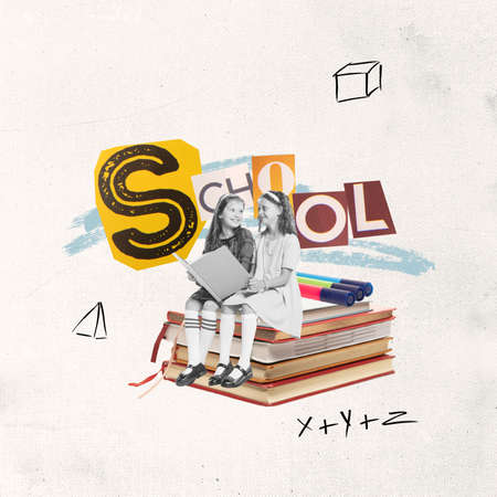 Back to school concept. Creative collage with happy preschool age girls isolated on light background...