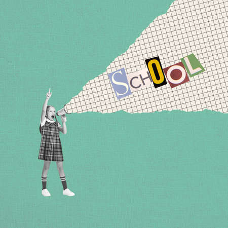 Back to school concept. Creative collage with school age girl shouting at megaphone isolated on green background with cut out letters in magazine style. Childhood, education, studyingの写真素材