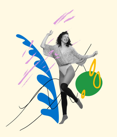 Contemporary art collage. Cheerful young woman dancing. Drawn design elementsの写真素材
