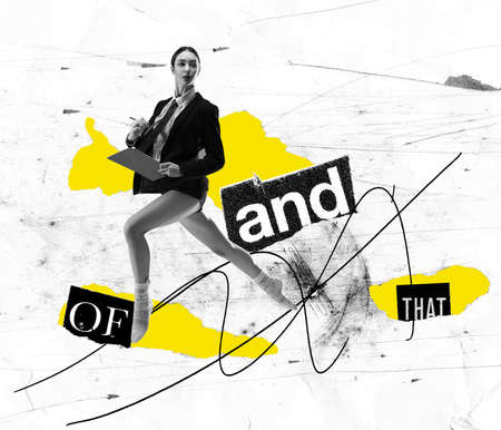 Contemporary art collage. Beautiful business woman in pointe dealing with professional questionsの写真素材