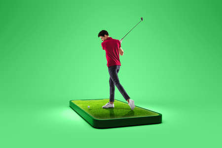 Creative collage. Professional male golf player standing on 3d cellphone screen over green...