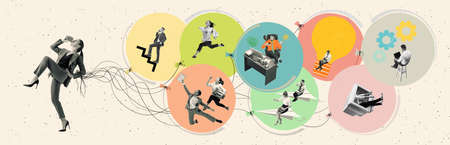 Contemporary art collage with woman and people as employees working hardly isolated over white background, Concept of business, finance, careerの写真素材