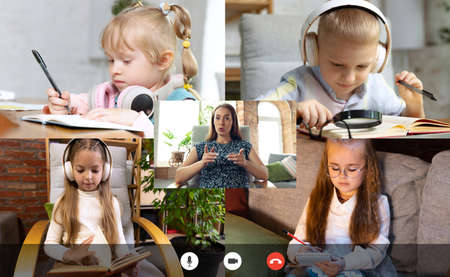 Group of different kids studying online by group video call, use video conference with each other...