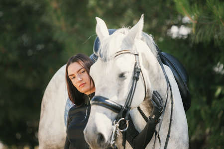 Young charming woman walking with white horse in summer warm day at country estate. Lifestyle mood. Concept of nature, animal, care, sportの写真素材