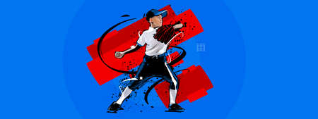 Contemporary art collage with little boy, junior baseball player in sports uniform over colored...