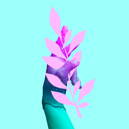 Contemporary art collage. Modern design work in neon trendy colors. Authentic human hands and plants over blue background.の写真素材