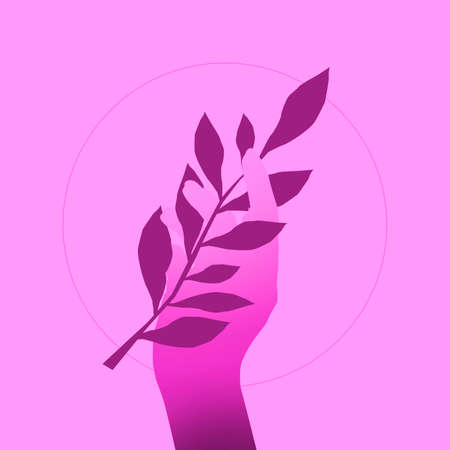 Contemporary art collage. Modern design work in neon trendy colors. Tender human hands and plants. Stylish and fashionable composition.の写真素材