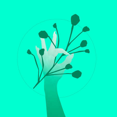 Authentic human hands and plants over green background. Contemporary art collage. Modern design work in neon trendy colors.の写真素材