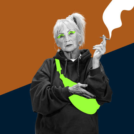 Extravagant senior woman over colorful background. Collage in magazine style. Surrealism, art, creativity, fashion and retro style concept.の写真素材