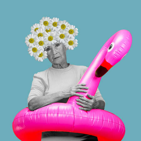 Extravagant senior woman over colorful background. Collage in magazine style. Surrealism, art,...