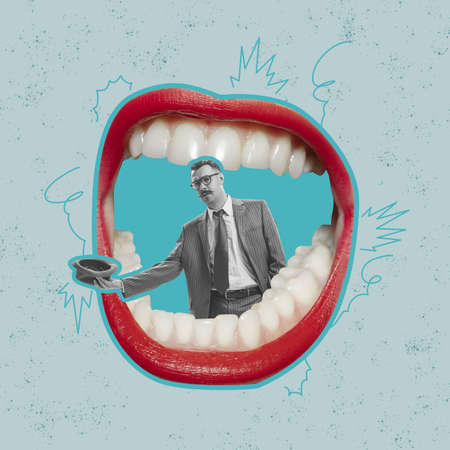 Contemporary art collage. Surreal artwotk with young man inside female open mouth. Control of speech, influence, fakes, breaking news conceptの写真素材
