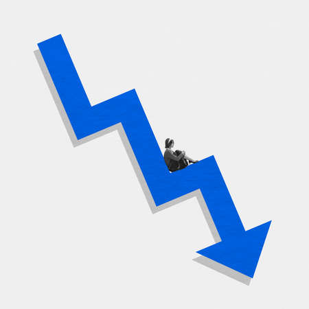 Contemporary art collage with woman sitting on big blue arrow showing downward direction. Economic crisis, business, finance conceptの写真素材