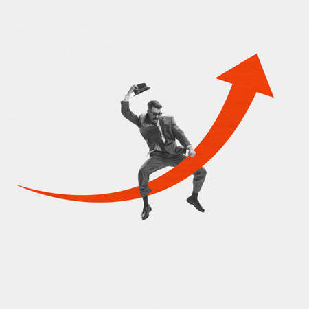 Excited businessman flying on drawn ornage arrow isolated over white background. Concept of...