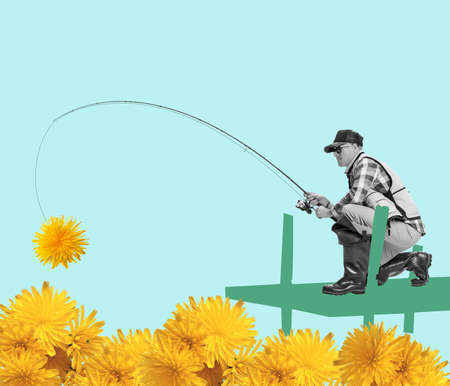 Fisherman fishing for flowers over blue background. Contemporary art collage. Concept of vintage retro style, creativity, imagination and ad. Surrealismの写真素材