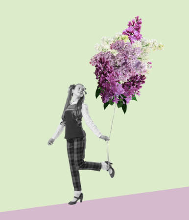 Contemporary art collage. Young girl walking flowers. Concept of vintage and retro design, creativity, imagination, inspiration, artwork and adの写真素材