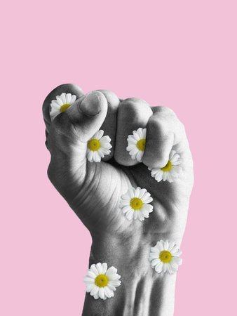 Human fist full of flowers. Stop war and violence. Modern design, contemporary art collage....