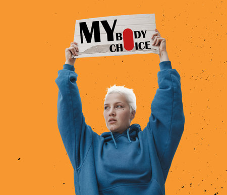 Woman holding a sign My body choice. Protest against tightening of the abortion law, female rights, right to choice, health and freedom. Surrealismの写真素材