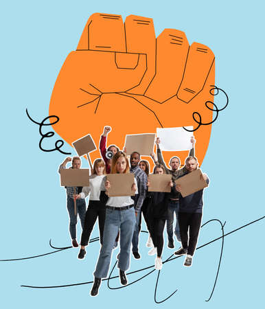 Conceptual creative picture with young people on strike against tightening of the abortion law, female rights, right to choice, health and freedom. Surrealismの写真素材