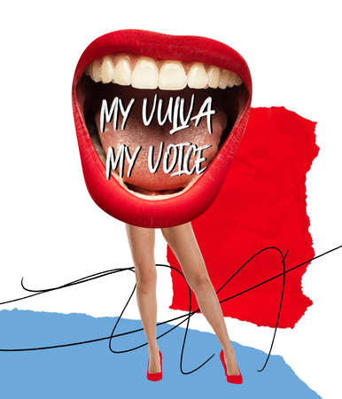 Conceptual collage with big female mouth on slender legs. Protest against abortion law, female rights, right to choice, health and freedom. Surrealismの写真素材