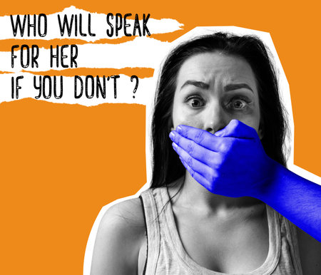 Conceptual contemporary art collage. Concept of human rights, stop violence against woman. Female...