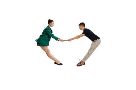 Dispute. Business partners having meeting isolated over white background. Co-workers, students and their relationship. Business, office conceptの写真素材