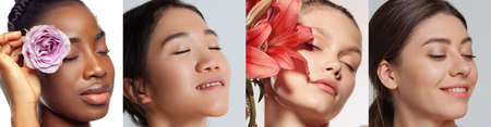 Set of portraits of charming young girls with flower isolated over grey background. Cosmetics, natural beauty and aesthetic cosmetology concept.の写真素材
