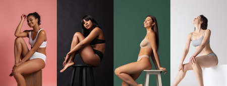 Portraits of young beautiful women wearing underwear isolated over colored background. Wellness, wellbeing, fitness, body positive, authenticity concept.の写真素材