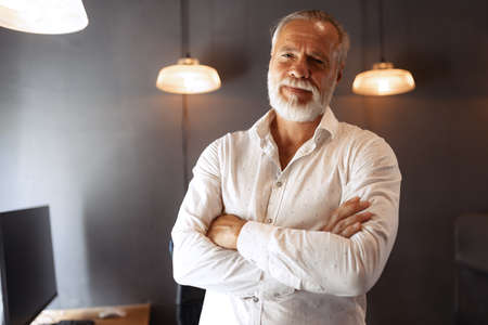 Handsome senior man looking at camera and smilling. Work in modern loft style office using devices and gadgets during job processing.の写真素材