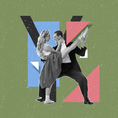 Contemporary art collage. Cheerful, stylish, young couple dancing isolated on abstract colored background with geometric shapes, lines.の写真素材