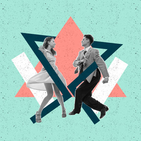 Contemporary art collage. Cheerful, stylish, young couple dancing isolated on abstract colored background with geometric shapes, lines.の写真素材