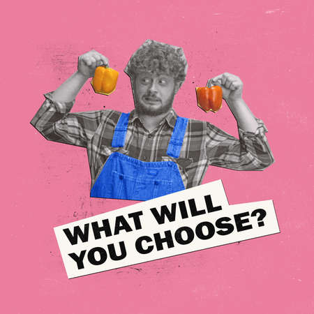 Contemporary art collage. Bearded man, farmer with vegetables, choosing peppers. Harvest season