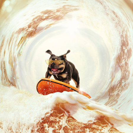 Funny bulldog dog surfing on huge wave of frothy beer on summer vacation over white-brown background.の写真素材